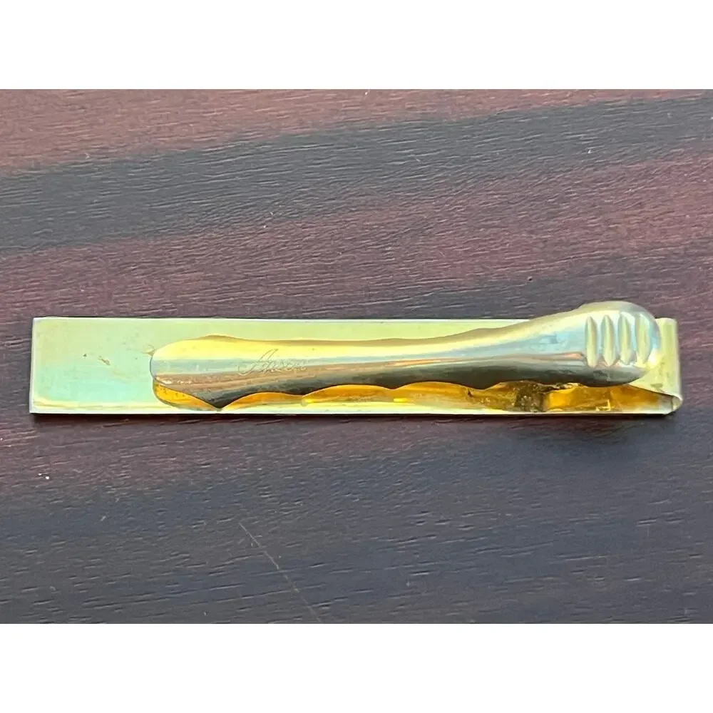 VTG Anson Tie Clip Gold Tone Checked Preppy Academia